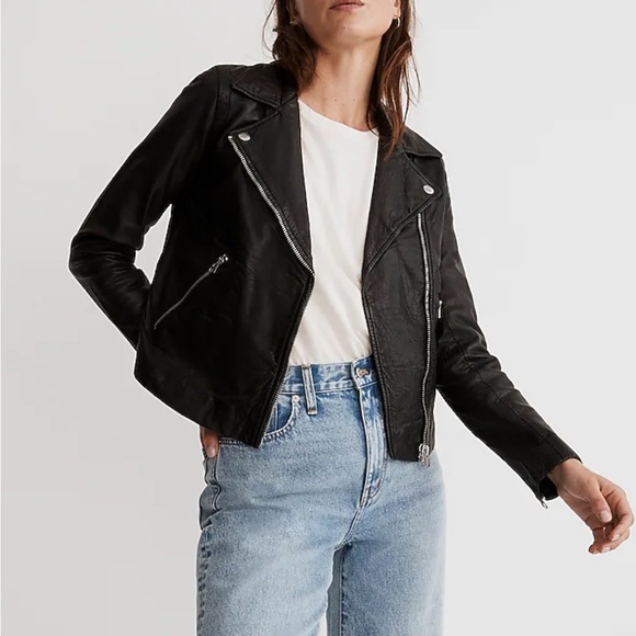MADEWELL washed leather motorcycle jacket in black - S - Picture 4 of 8